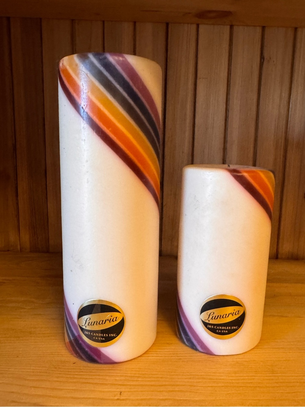Lunaria White Pillar Candle with Orange, Purple, Gray RainbowSwirl Vintage Set